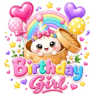 May include: A cartoon illustration of a smiling dumpling character wearing a party hat and flower crown inside a bamboo steamer. The image features a rainbow, colourful balloons, flowers, and the text Birthday Girl in bright, bubbly letters.