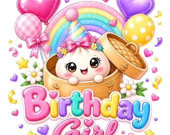 Dumpling Birthday Girl PNG, Rainbow Birthday Shirt Design, Kawaii Food Character, Digital Download