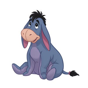 May include: A cartoon donkey character with blue-gray fur, a light pink muzzle, and long drooping ears. The character has a black mane, a small black tail tuft with a pink bow, and a lighter purple patch on the chest and feet, sitting in a seated pose.