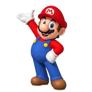 May include: A cartoon character wearing a red cap with a white M emblem, a red long-sleeved shirt, blue overalls with yellow buttons, white gloves, and brown shoes. The character has a mustache, blue eyes, and is gesturing with one hand raised.