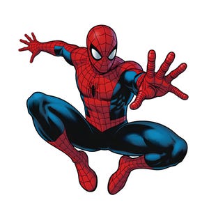 May include: A graphic illustration of a superhero character in a red and blue suit with a black web pattern. The figure is in a dynamic crouching pose with one hand extended forward and the other reaching back, featuring a black spider emblem on the chest.