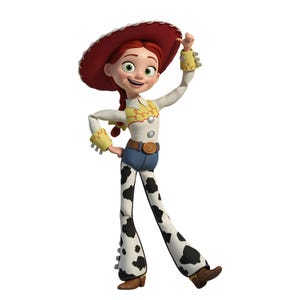 Può includere: Un personaggio dei cartoni animati con capelli rossi intrecciati, che indossa un grande cappello rosso con bordo bianco, una camicia bianca a maniche lunghe con polsini e colletto gialli, una cintura marrone con fibbia dorata e pantaloni bianchi a macchie nere.