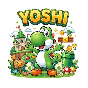 Puede incluir: Una colorida ilustración gráfica que presenta al personaje verde Yoshi con los brazos extendidos. Sobre el personaje está el texto YOSHI en letras amarillas. La escena incluye un castillo de piedra, una tubería verde, monedas de oro, huevos y setas.