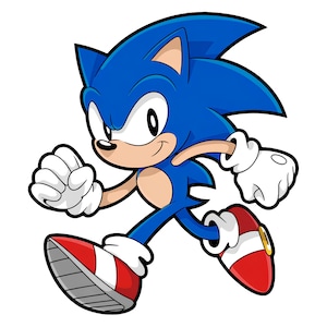 May include: A blue hedgehog character with large pointed ears, a tan muzzle, and a small black nose. The character wears white gloves, white socks, and red trainers with white stripes and gold buckles, depicted in a dynamic running pose.