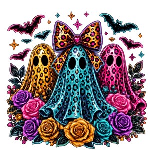 May include: A graphic illustration featuring three ghosts draped in leopard print fabric in yellow, turquoise, and pink. The central ghost wears a large matching leopard print bow with a heart center. The scene includes black bats, colorful roses, and stars.