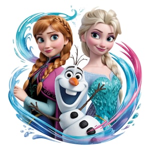 Può includere: Un'illustrazione grafica che raffigura Anna con capelli castano rossicci intrecciati, Elsa con una treccia bionda e un pupazzo di neve sorridente di nome Olaf. Sono circondati da elementi d'acqua blu vorticosi e accenti rosa su sfondo bianco.