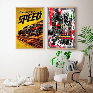 May include: Two framed posters. The first features a black car with the word "SPEED" in yellow and black text on a yellow background. The second poster has a red, black, and white graphic design with the text "CYBERPUNK: EDGERUNNERS".