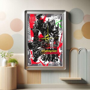 May include: Framed poster featuring a dynamic, stylized illustration with a futuristic theme. The artwork uses a bold color palette of red, black, white, and yellow. The text "Cyberpunk Edgerunners" is visible.