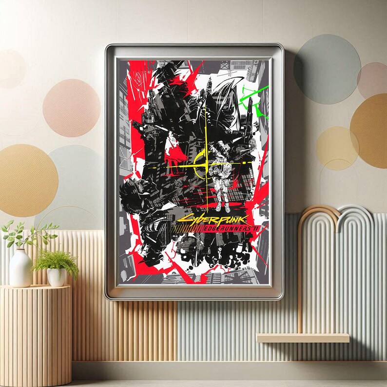 May include: Framed poster featuring a dynamic, stylized illustration with a futuristic theme. The artwork uses a bold color palette of red, black, white, and yellow. The text "Cyberpunk Edgerunners" is visible.