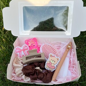May include: A white gift box with a clear window, filled with pink and brown hair accessories. Includes scrunchies, a hair clip, a comb, a brush, and stickers. The box is lined with pink paper and sits on green grass.