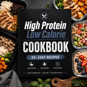 May include: A black cookbook titled "High Protein Low Calorie COOKBOOK" with text and icons. The book is surrounded by containers of prepared food, including chicken, vegetables, and grains. The cover also states "25+ Easy Recipes".