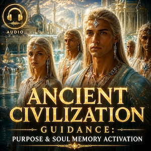 Könnte beinhalten: Eine digitale Illustration mit mehreren hellhäutigen Personen mit langem blonden Haar, die hellblaue Kleidung und verzierten Schmuck tragen. Der Text lautet ANCIENT CIVILIZATION GUIDANCE: PURPOSE & SOUL MEMORY ACTIVATION mit einem Audio-Symbol.