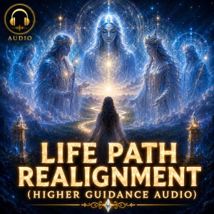 Puede incluir: Una ilustración digital con cinco figuras etéreas con túnicas azules y coronas, rodeando a una persona central en un camino. El texto dice LIFE PATH REALIGNMENT (HIGHER GUIDANCE AUDIO). La escena incluye patrones geométricos brillantes.