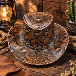 Peut inclure: Un chapeau de cowboy à motif peau de serpent marron et noir avec une bande tressée autour de la calotte. Le chapeau est orné d'un petit emblème métallique circulaire centré sur le devant de la bande, présentant un motif en relief détaillé.
