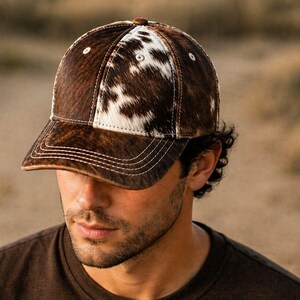 Cowhide Pattern Baseball Cap | Rustic Hair Leather Look Hat | Adjustable Strap Cap | Western Style Trucker Hat | Handmade Style Fashion Cap