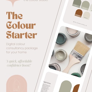 Op de afbeelding: Promotieafbeelding voor "The Colour Starter", een digitaal kleurconsultancy-pakket. Het ontwerp bevat verfmonsters, een penseel en tekstelementen. Het kleurenpalet bevat saliegroen, bruin en gebroken witte tinten, met de merknaam "Harry's Homes & Gardens."