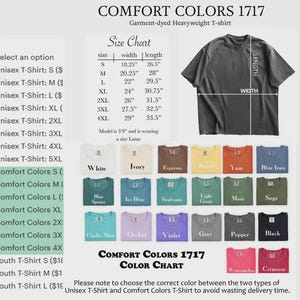 May include: A product image showcasing a Comfort Colors 1717 garment-dyed heavyweight t-shirt. The image includes a size chart with measurements in inches, a color chart with various hues, and the text "Comfort Colors 1717 Color Chart."