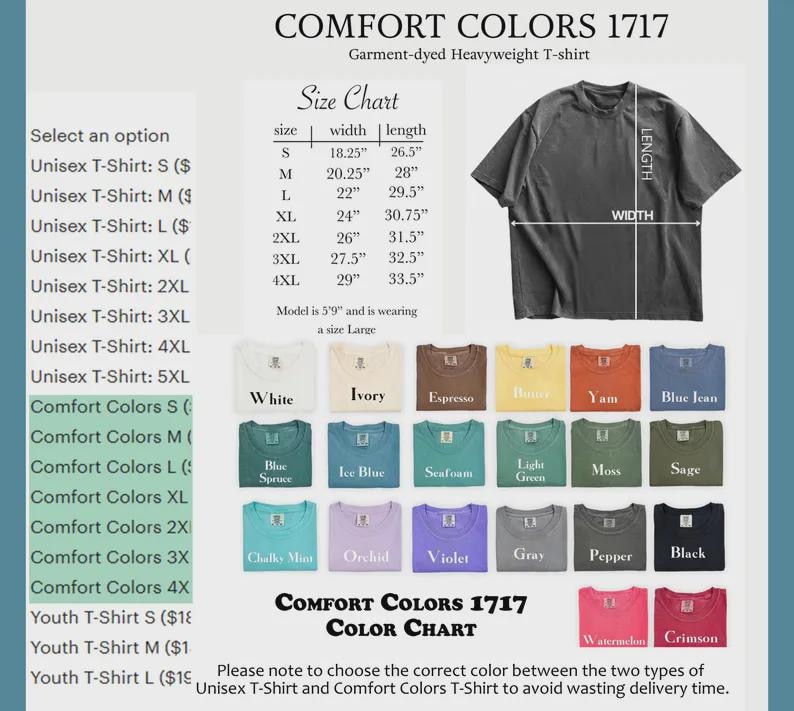 May include: A product image showcasing a Comfort Colors 1717 garment-dyed heavyweight t-shirt. The image includes a size chart with measurements in inches, a color chart with various hues, and the text "Comfort Colors 1717 Color Chart."