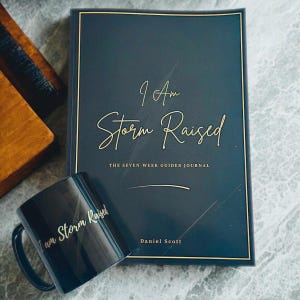 May include: A dark blue journal and mug set with gold lettering. The journal reads "I Am Storm Raised" and "The Seven-Week Guided Journal." The mug also has the text "I Am Storm Raised." The set is on a light grey surface.