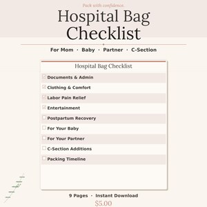 Puede incluir: Una lista de verificación digital para la bolsa del hospital, con secciones para Mamá, Bebé, Pareja y Cesárea. La lista incluye categorías como Documentos y administración, Ropa y comodidad, Alivio del dolor de parto y Entretenimiento.