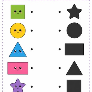 May include: Educational worksheet titled "MATCH THE SHAPES". It features colorful shapes like a green square, yellow circle, blue triangle, pink rectangle, and purple star, each with a smiling face. The task is to match each shape with its shadow.