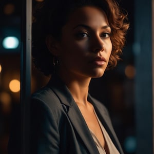 Puede incluir: Retrato de una persona con una blazer gris y una blusa clara. La persona tiene el pelo castaño corto y rizado y mira directamente a la cámara. El fondo es oscuro con luces borrosas.