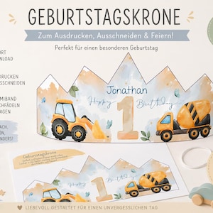 Peut inclure: Couronne d'anniversaire à imprimer sur le thème de la construction. La couronne présente une excavatrice jaune et un camion de ciment, avec le texte "Happy 1st Birthday" et le nom "Jonathan". Comprend une option DIY.