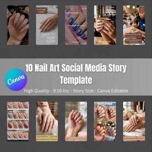 May include: A social media template for nail art, featuring 10 designs. The template is Canva editable and includes various nail art styles, with text that reads "Electric Blue" and "The Nail Studio".