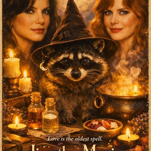 May include: A movie poster featuring two women and a raccoon wearing a witch hat. The raccoon has a crescent moon earring. The scene includes candles, glass potion bottles, a cauldron, and a bowl of petals. Text reads: Love is the oldest spell. Jimothy Magic. A Spellbound Pictures production starring Sandra Bullock, Jimothy, and Nicole Kidman. Coming soon.