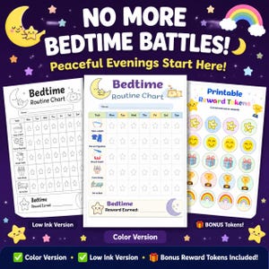 Op de afbeelding: Een set afdrukbare bedtijdroutinekaarten en beloningstokens. De kaarten bevatten ruimtes om taken bij te houden, zoals een bad nemen en tanden poetsen. De afbeelding bevat een kleurenversie, een low-inkversie en bonusbeloningstokens.