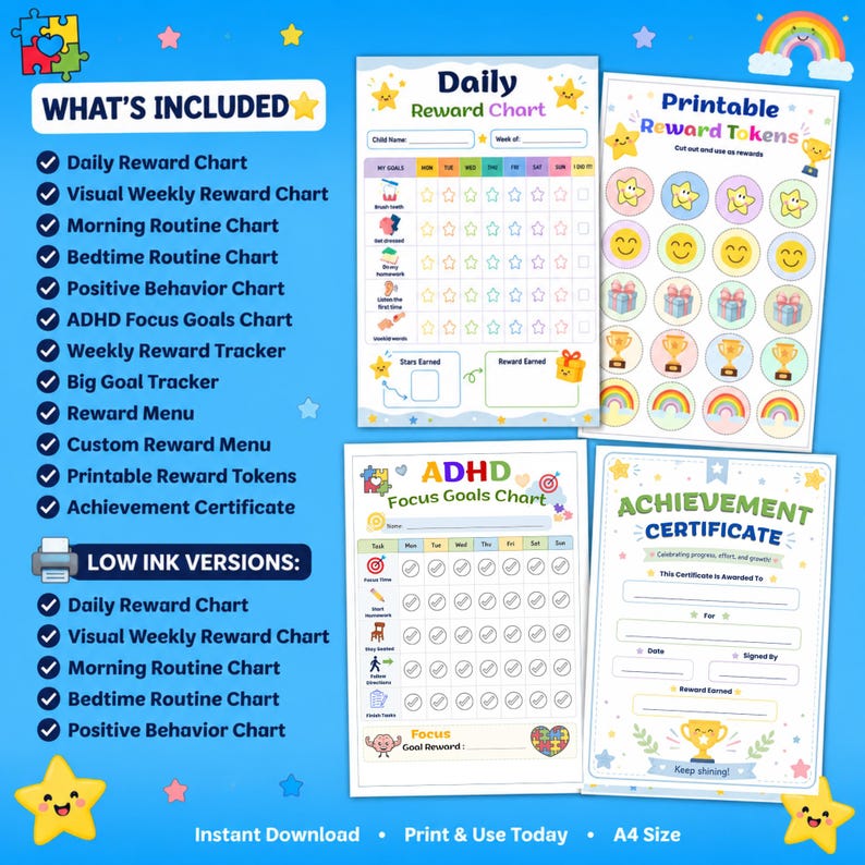 ADHD Reward Chart Kids Printable | Behavior Chart Bundle | Morning ...