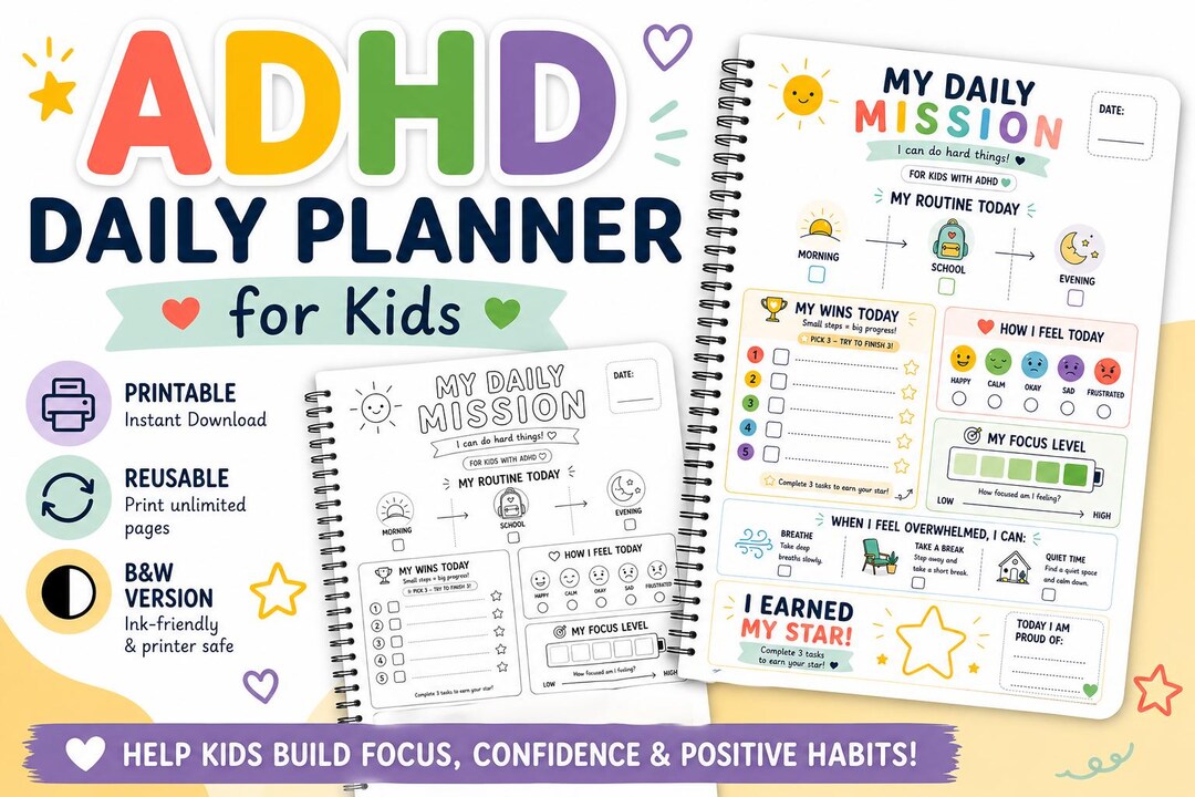 ADHD Daily Planner for Kids Printable | Routine Chart & Focus Worksheet ...