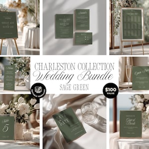 May include: A sage green wedding stationery bundle featuring editable templates for invitations, menus, table numbers, and signage. The collection includes cards with white serif typography, displayed in various settings with floral arrangements and glassware.