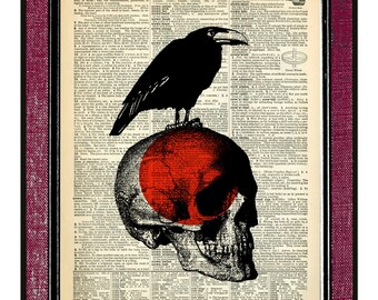 RAVEN And SKULL Dictionary Art Print Goth Gift Dorm Poster Skull Wall Decor Human Skull Poster Skull Print Raven Collage Vintage Anatomy Art