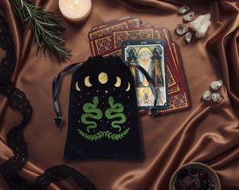 Embroidered Velvet Tarot Pouch, Celestial Moon Snake Design, Spiritual Accessory