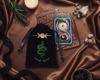 Velvet Tarot Pouch, Embroidered Snake Triple Moon Design, Spiritual Storage Bag
