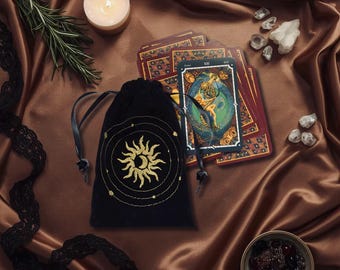 Witchy Gift, Tarot Accessory, Celestial Velvet Pouch, Handmade Spiritual Embroidery, Sun and Moon Design