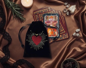Embroidered Velvet Tarot Pouch, Sacred Heart Design, Crystal Storage Bag