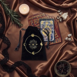 Bolsa para Cartas de Tarô, Estojo de Veludo, Porta-Baralho com Cordão, Acessórios de Bruxaria, Bordado Celestial