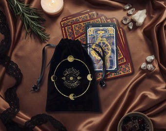 Tarot Card Bag, Velvet Pouch, Drawstring Deck Holder, Witchy Accessories, Celestial Embroidery