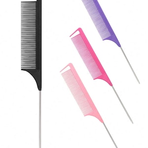 May include: A collection of hair combs in various colors. The combs are black, pink, and purple, each with a long, silver metal tail. The combs are designed for hair styling and are set against a white background.