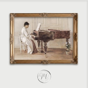 Portrait d'une femme jouant du piano (époque ancienne) | Art victorien aux tons neutres et doux (Téléchargement numérique) | PRT-024