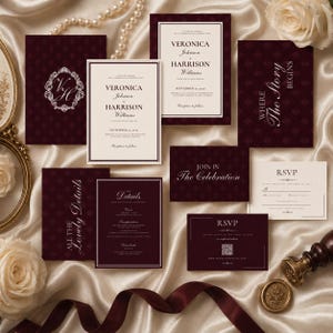 Könnte beinhalten: Eine Sammlung von bordeauxfarbenen Hochzeitspapeterie, darunter Einladungen, RSVP-Karten und Detailkarten. Die Einladungen tragen die Namen "Veronica Johnson" und "Harrison Williams". Einige Karten haben ein Rautenmuster, andere den Text "The Story Begins".
