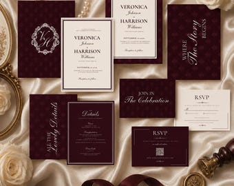 Burgundy Old Money Wedding Invitation Suite Template, Editable Canva Invite, RSVP QR Code, Elegant Dark Red Wedding Set, Printable Invite