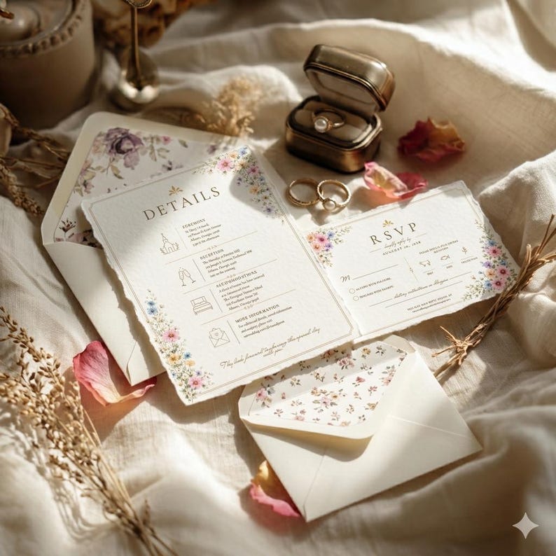 May include: Wedding invitation suite with floral accents. The suite includes an invitation, RSVP card, and envelopes. The invitation features the word "DETAILS" and the RSVP card has the word "RSVP". A gold ring box and rings are also present.