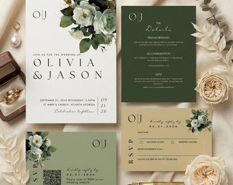 Olive Green Wedding Invitation Template | Elegant Minimalist Invite Suite, RSVP QR Code, Details Card, Mobile Invite | Editable Canva