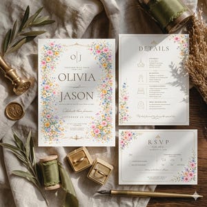 May include: Wedding invitation suite featuring floral accents in pink, yellow, and blue. The invitation includes the names Olivia and Jason, with the date September 09 2031. The suite includes details and RSVP cards.