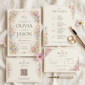 May include: Wedding invitation suite featuring floral arrangements in pastel colors. The invitation includes the names Olivia and Jason, along with event details. RSVP and details cards are also included, along with a pen and rings.