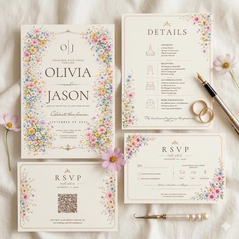 May include: Wedding invitation suite featuring floral arrangements in pastel colors. The invitation includes the names Olivia and Jason, along with event details. RSVP and details cards are also included, along with a pen and rings.