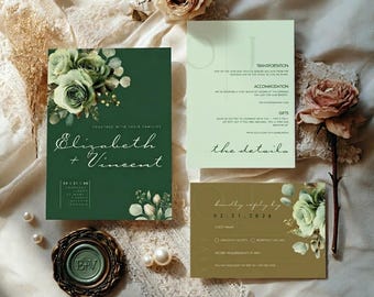 Olive Green Wedding Invitation Suite | Editable Canva Template | Botanical Script Invite, RSVP QR, Details Card